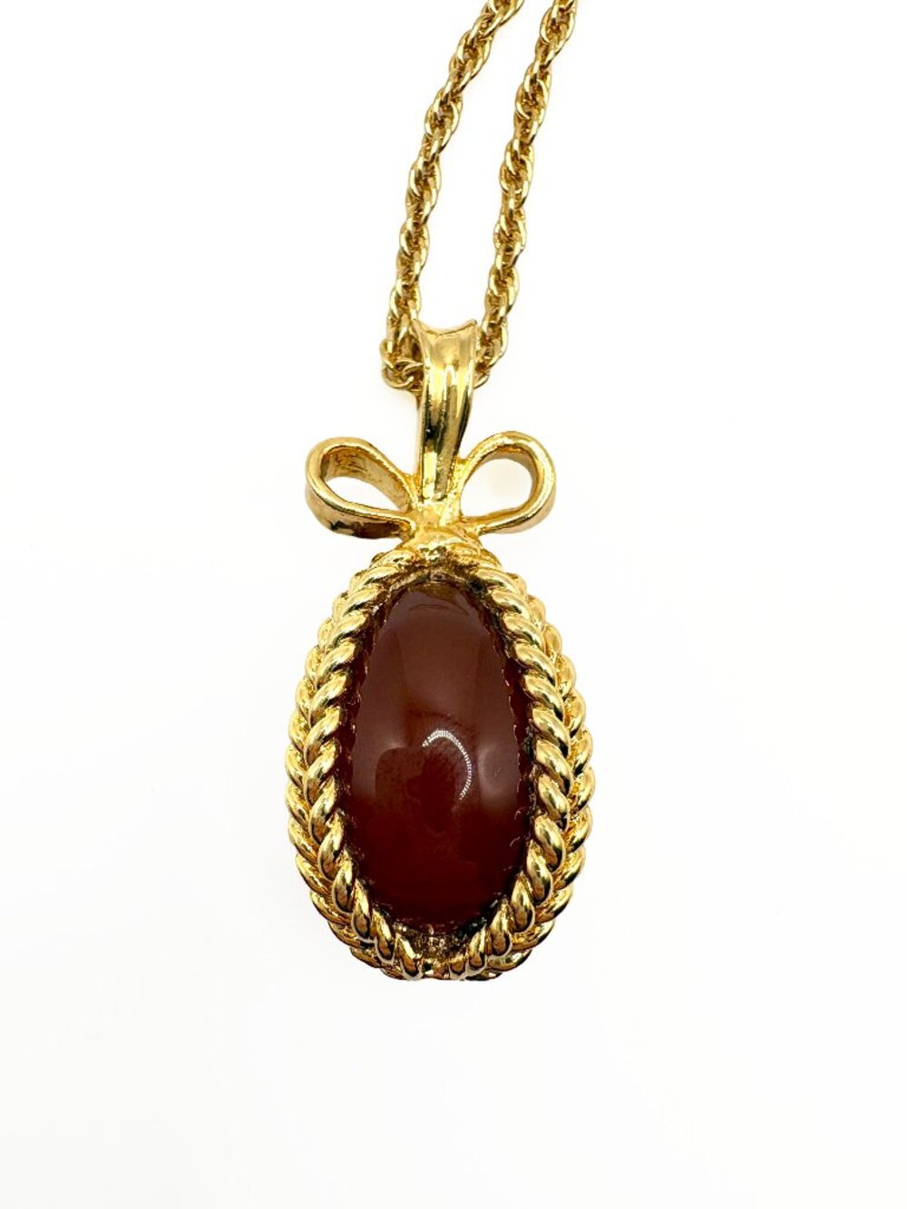 Vintage Joan Rivers Faberge Style Egg Necklace Amber Brown Gold Tone
